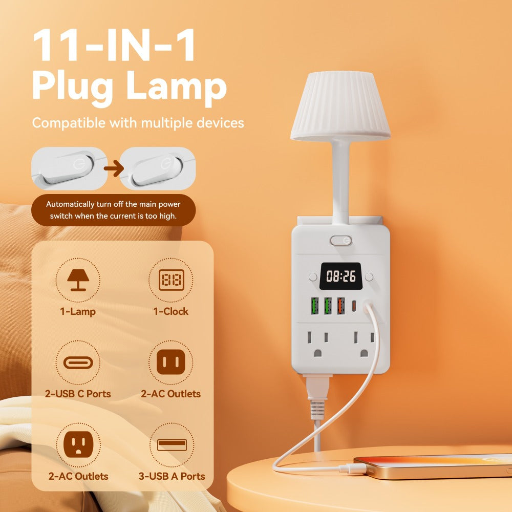 Power Strip Extender with Digital Clock & Desk Lamp ¨C 4 AC Outlets, 3 USB & 2 Type-C Ports, One-Touch On/Off, Overload Protector | Multi-Function Surge Protector for Home, Office, Dorm & School