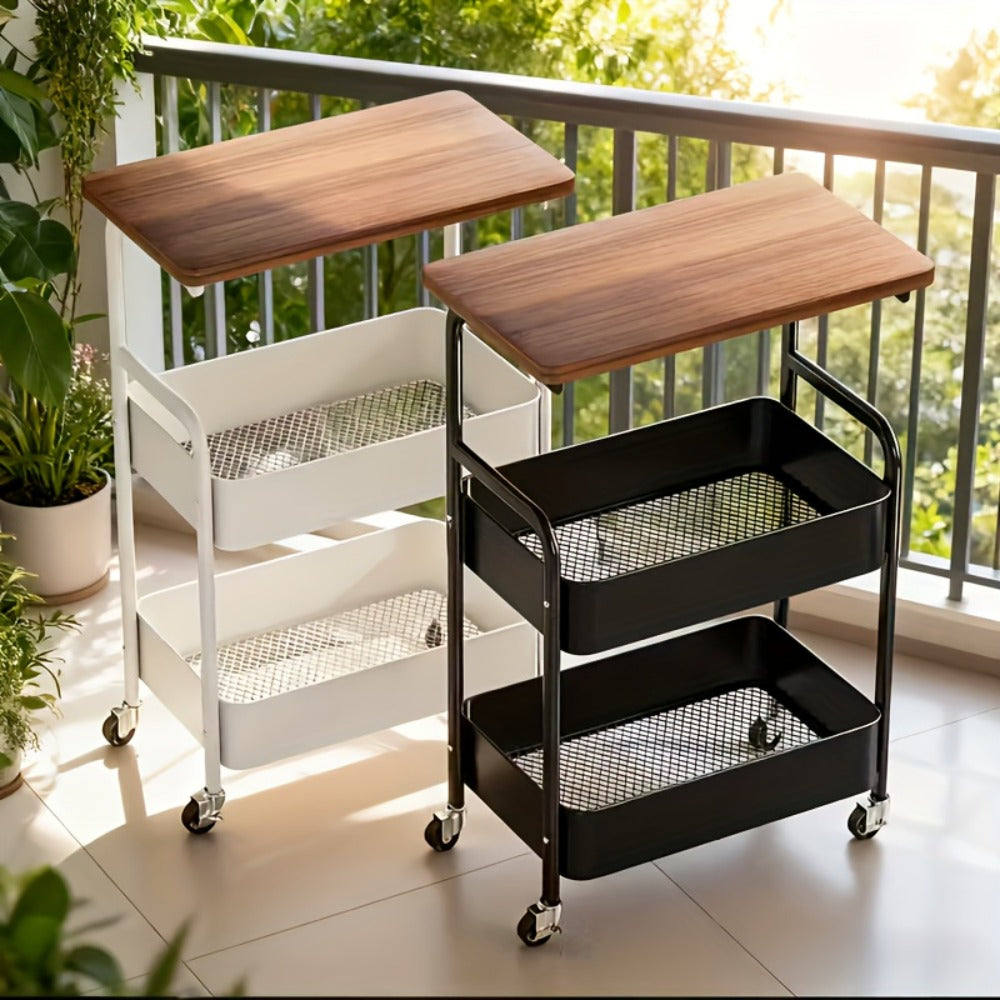 Storage Trolley with Wheels 3-Tier Wooden Tabletop Rolling Cart - Reinforced Black Metal Frame, Locking Casters, Multi-Use Organizer for Kitchen, Office, Bedroom & Living Room, Easy Assembly Printer Stand