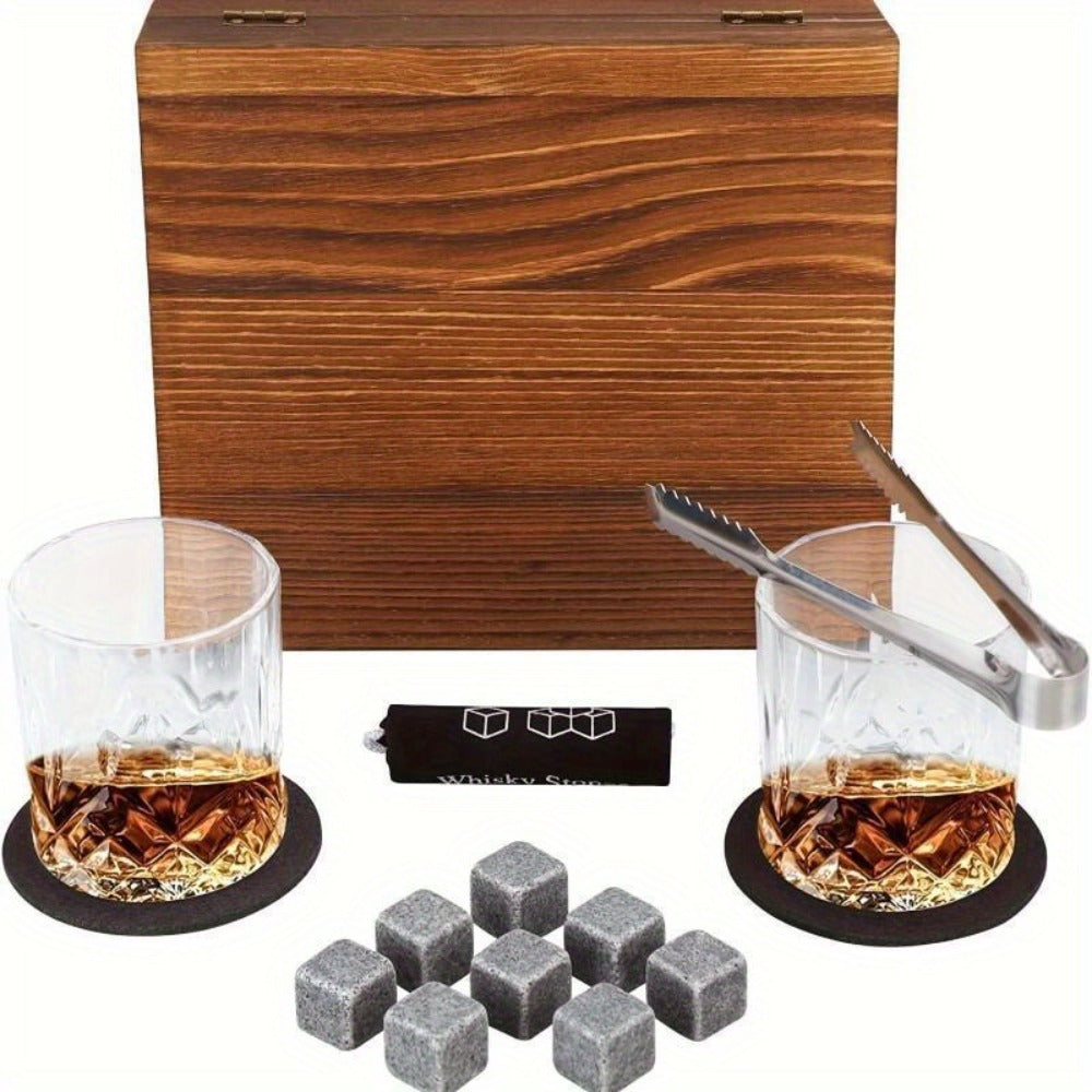 Whisky & Wine Glass Set with Cooling Stones, Ice Tong & Bartender Kit ¨C Portable Bar Accessories for Luxurious Drinking Experience, No Electricity Needed