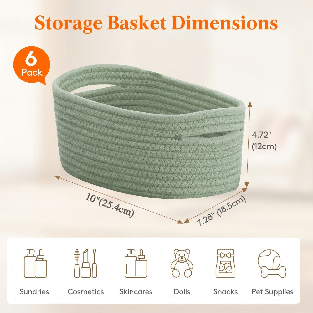 Woven Storage Baskets 6-Pack Cotton Rope Cube Bins 11x7x5¡± | Handmade Small Shelf Baskets for Organizing Closet Bedroom Living Room Playroom | Round Decorative Storage Caddy Multiple Colors
