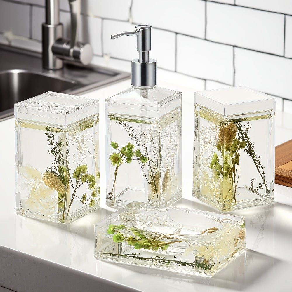 Bathroom Accessory Set 4-Piece 3D Floating Motion Acrylic Liquid Vanity Kit - Tumbler, Toothbrush Holder, Soap Dispenser & Soap Dish, Handcrafted Shell & Leaf Decor, Ocean Dolphin Conch Leaf Styles