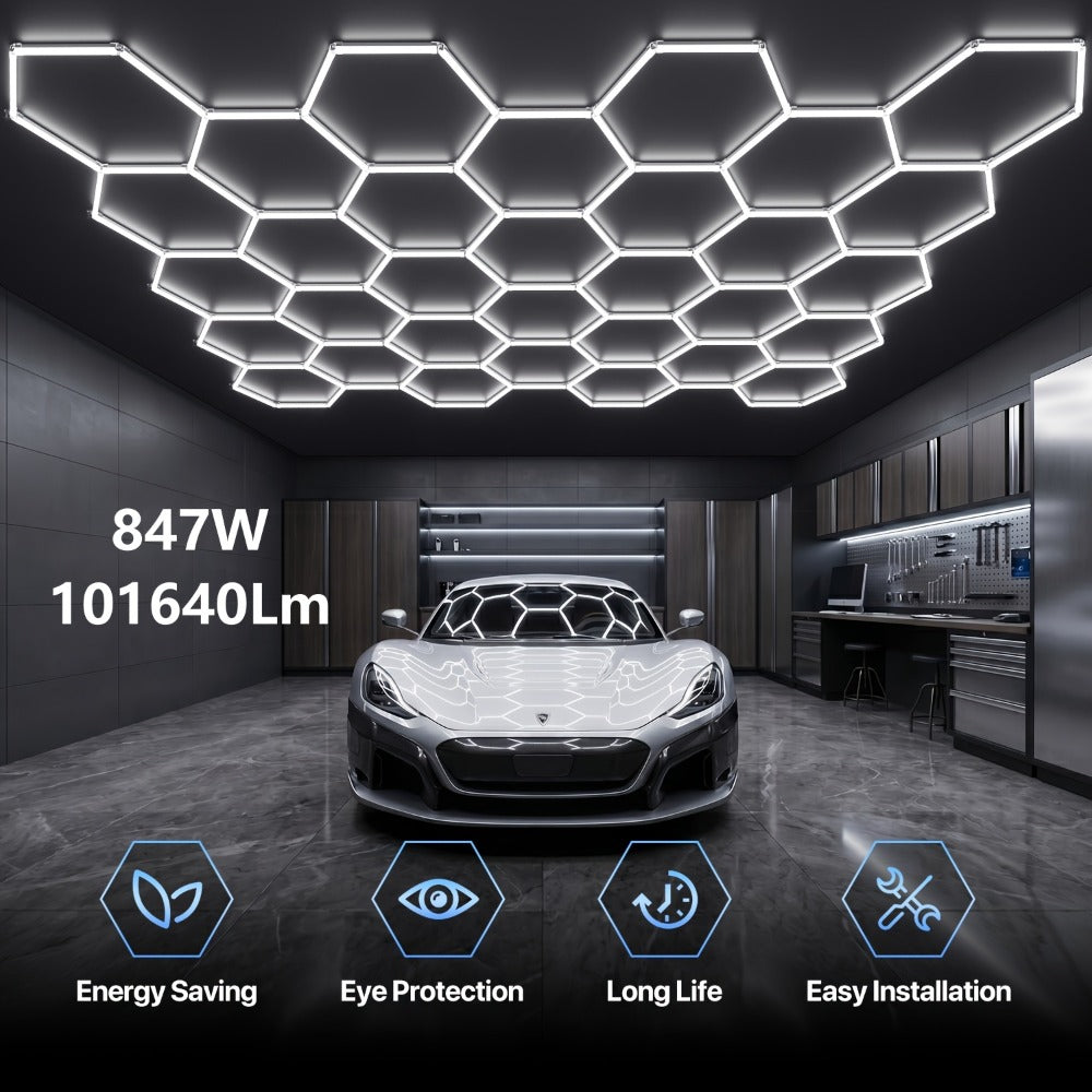 LED Hexagonal Garage Light 6500K ¨C Super Bright Daylight White Shop Light 42W¨C620W for Auto Detailing, Warehouse, Workshop, Basement & Gym (1 to 32 Grids, Hex Frame Available)
