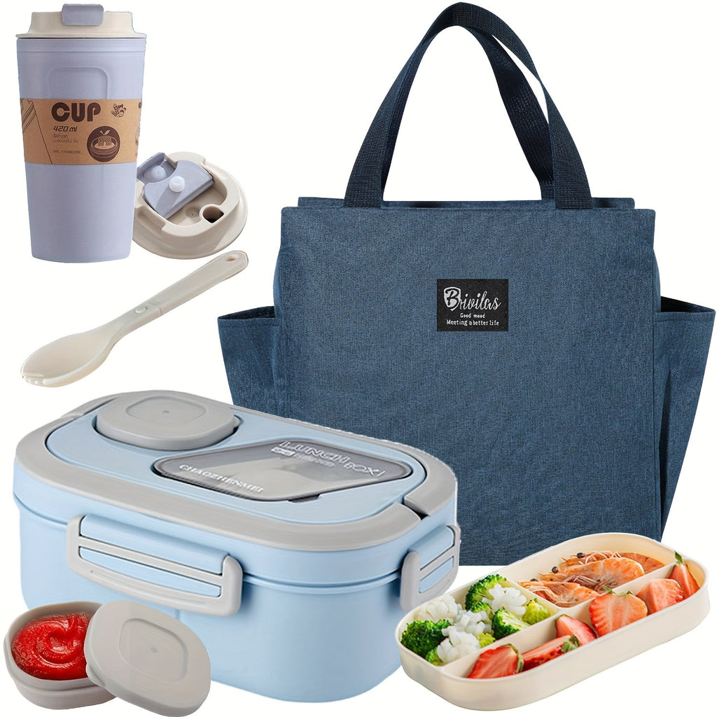 2-Layer Bento Lunch Box Set with Cup and Meal Bag - Multi-Grid Lunch Box for School, Office & Outdoor Picnics, Food Storage Container with Milk Cup, Salad Cup, Coffee Cup or Soup Bowl, Pink Blue Green White