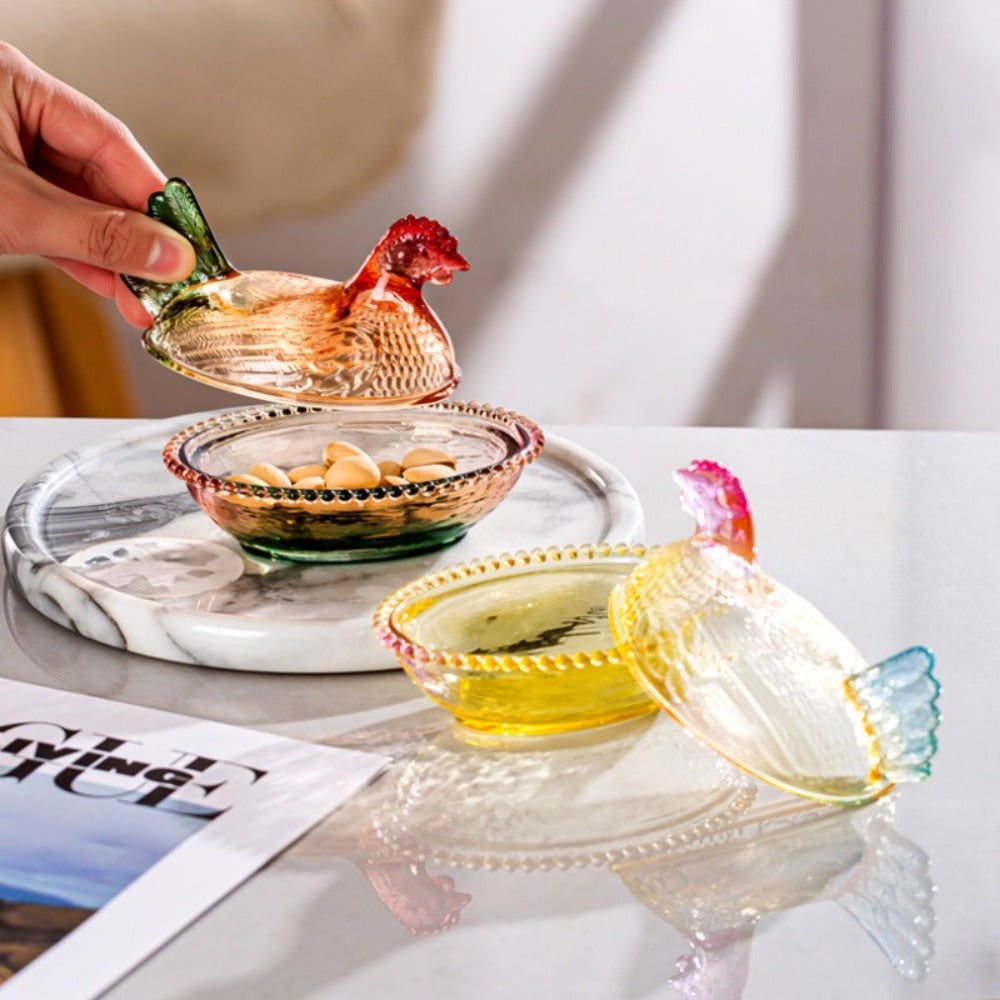 Chicken Shaped Glass Storage Jar with Lid Decorative Pearl Hen Candy Jar Reusable Desktop Organizer for Candy Fruit Snacks Kitchen Counter Home Decor Gift