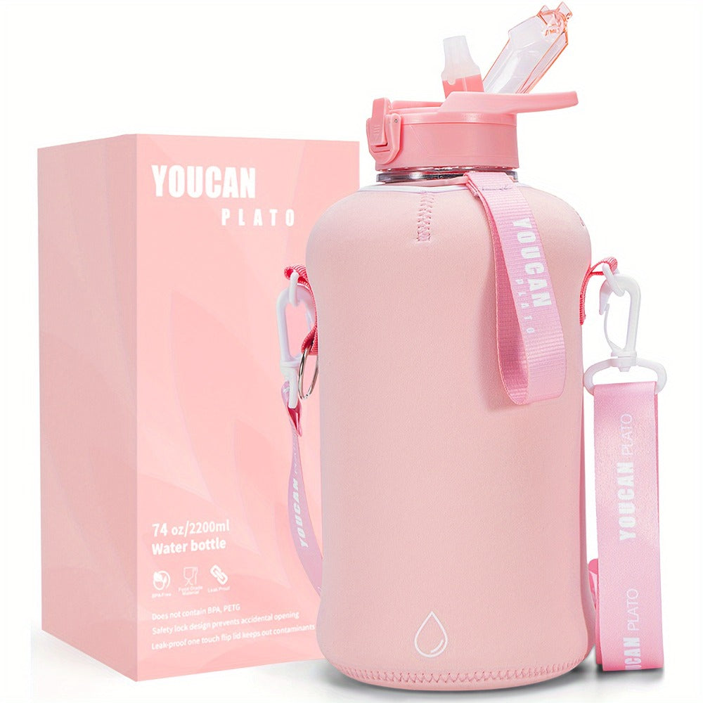 74oz Half Gallon Water Bottle with Straw & Handle ¨C Large BPA-Free Leakproof Gym Water Jug with Sleeve & Bottle Brush, Dishwasher Safe Workout Hydration Bottle ¨C Pink & Star Color