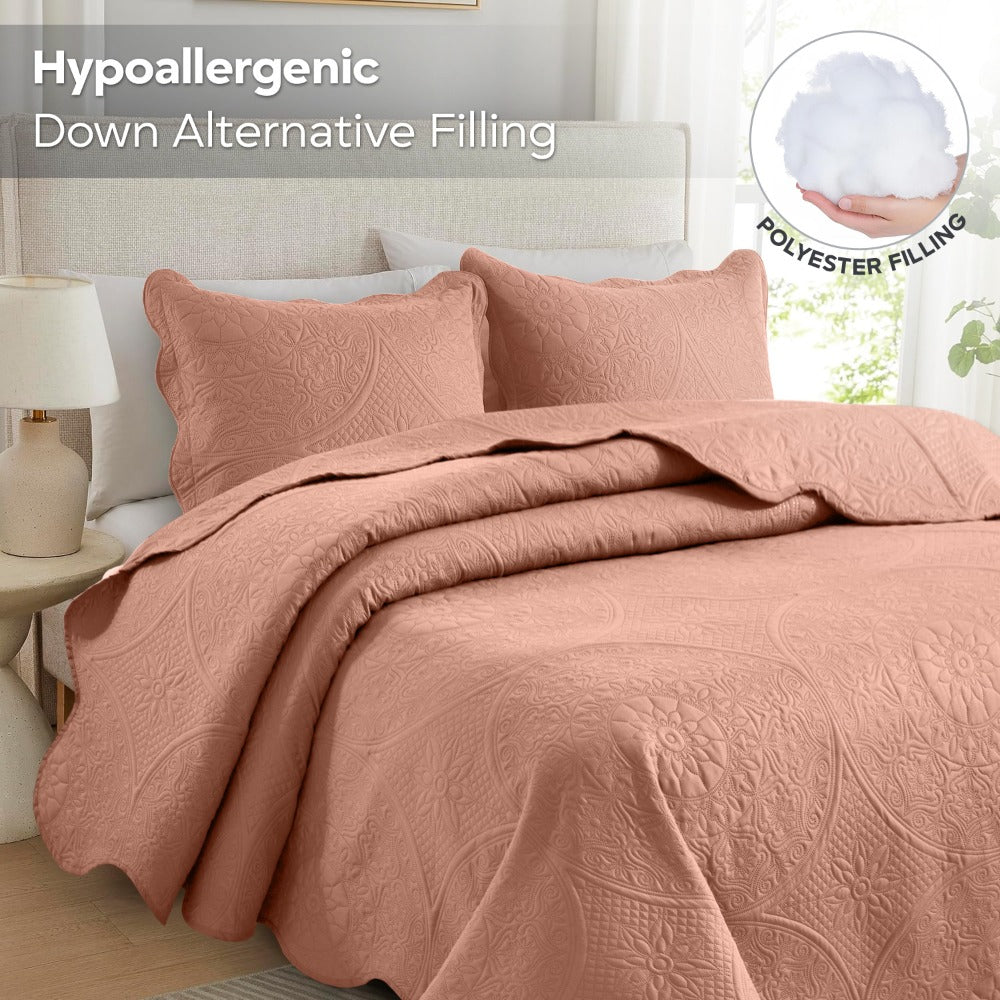 Quilted Bedspread Set 3 Piece ¨C Soft Floral Coverlet with Pillow Shams, Lightweight Breathable Quilt for Bedroom & Guest Room, All Season Bed Cover