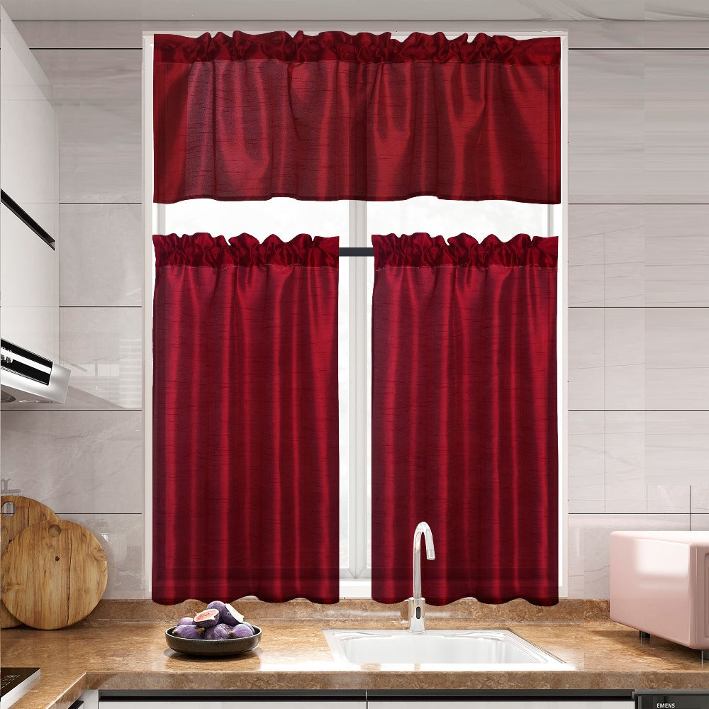 Kitchen Curtains 3 Panels Faux Silk Sheer Tier and Valance Set Rod Pocket 2 Tiers 26x36 inch + Valance 52x14 inch for Kitchen Bathroom Window Drapes