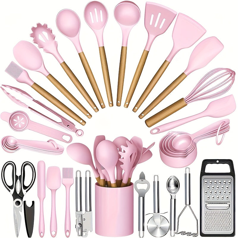 Silicone Cooking Utensils Set 35-Piece with Holder Rack Wooden Handle Heat Resistant Kitchen Tools for Non-Stick Pans ¨C Complete Kitchen Utensil Set in Multiple Colors