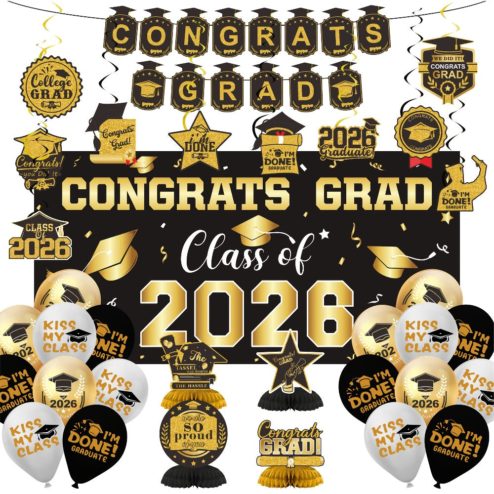 2026 Graduation Decorations Set ¨C Congrats Grad Banner, Backdrop, Hanging Swirls & Honeycomb Table Toppers, Class of 2026 Party Supplies Kit