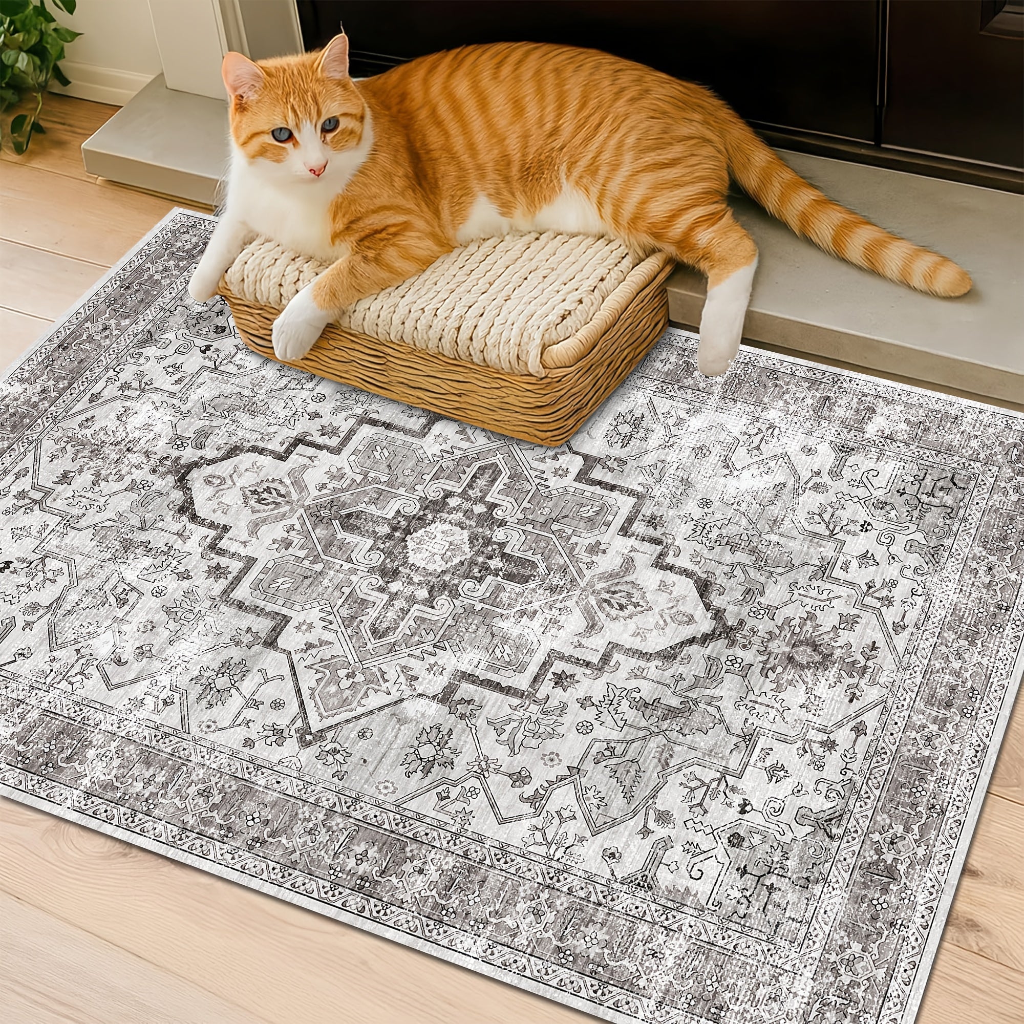 Bohemian Area Rug Ultra-Soft Non-Slip Washable Retro Foldable Carpet for Living Room Bedroom in Beige and Grey Multiple Sizes