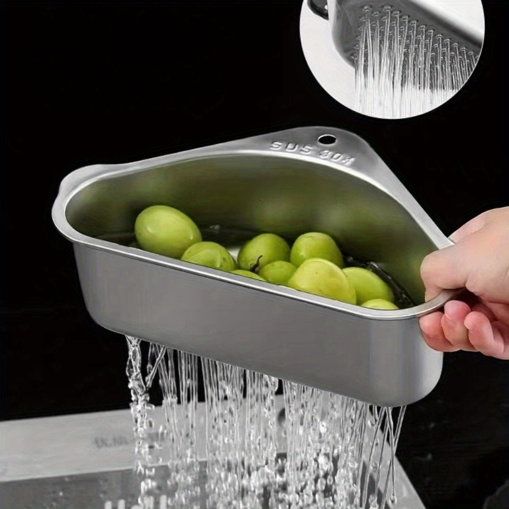 Kitchen Drain Strainer Basket 304 Stainless Steel Triangular Corner Sink Filter ¨C Food Scrap & Leftover Catcher for Kitchen Sink & Wash Basin, Rust-Proof Easy Clean Drain Basket Silver