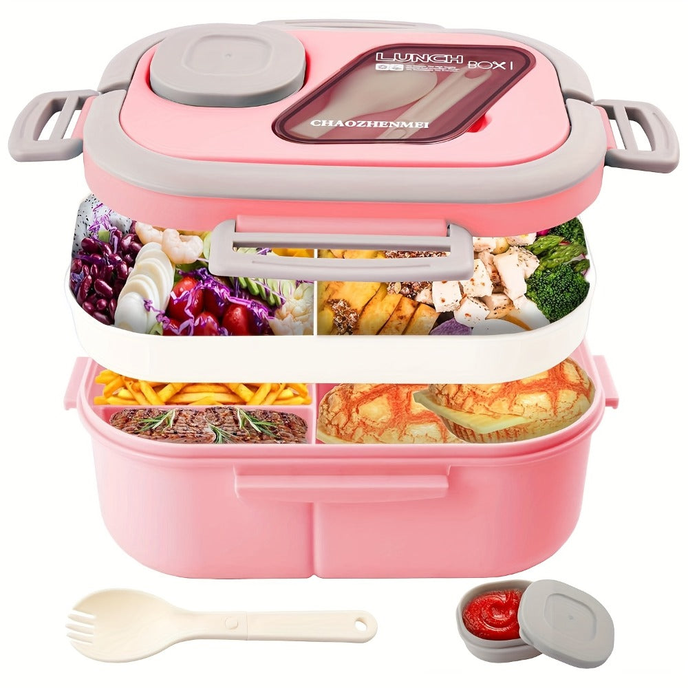2-Layer Bento Lunch Box Set with Cup and Meal Bag - Multi-Grid Lunch Box for School, Office & Outdoor Picnics, Food Storage Container with Milk Cup, Salad Cup, Coffee Cup or Soup Bowl, Pink Blue Green White