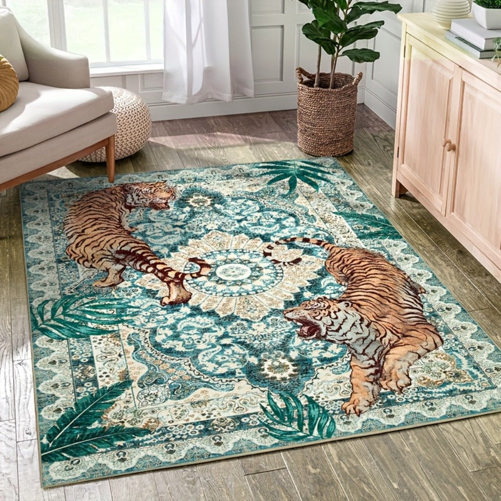 Tiger Print Rug Washable Non-Slip Area Rug - Jungle Forest Design Ultra-Thin Indoor Carpet for Living Room Bedroom Home Office, Red Green Beige, 5x7 6x9 8x10 9x12ft