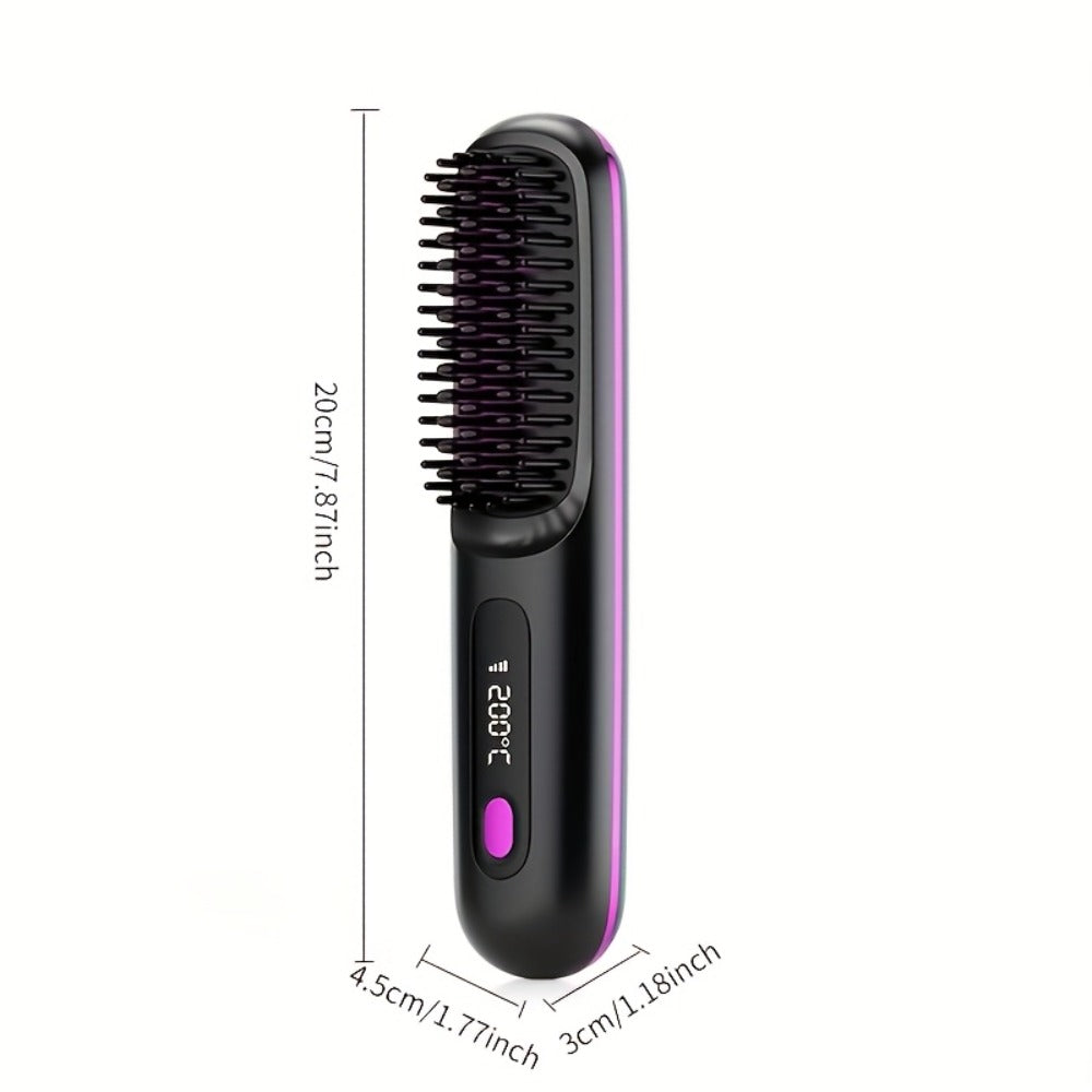 Portable Wireless Hair Straightener Comb USB Rechargeable 3-Speed Temp Control Negative Ion LED Display Lightweight for Travel