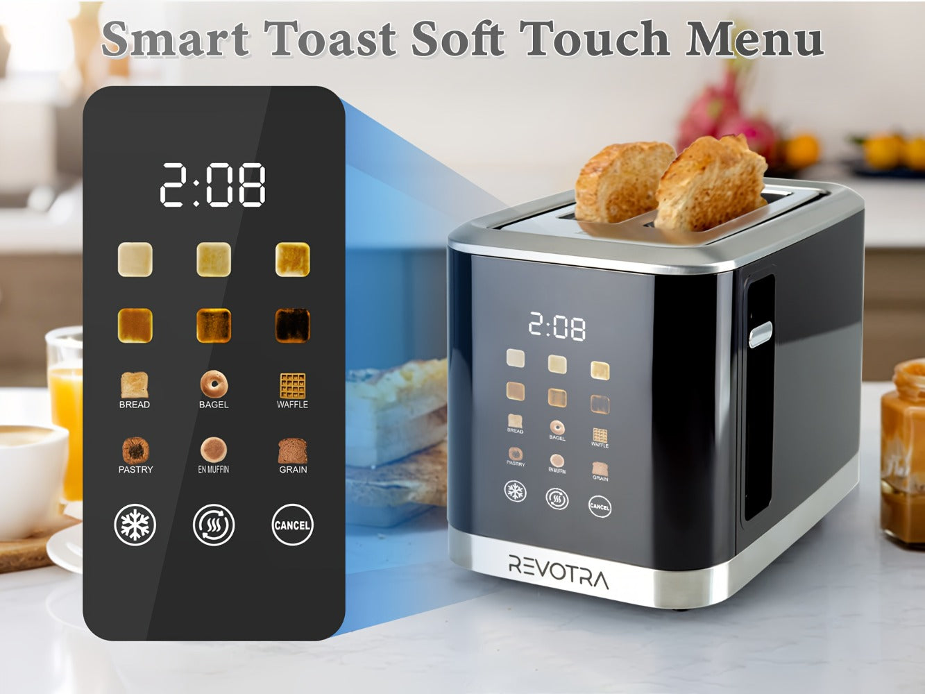 Stainless Steel Toaster 2 Slice with LED Display & Extra Wide Slots ¨C 6 Shade Settings, Defrost Reheat Cancel Functions, Removable Crumb Tray, Compact Design for Bagels, Waffles & Bread