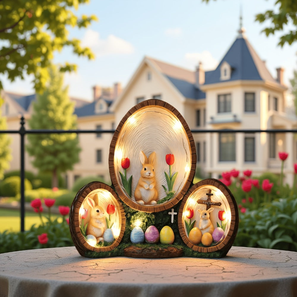 Handmade Resin Easter Egg Ornament - Painted Tulip Rabbit & Cross Decoration | Glowing Home Decor Accent for Easter, Valentine's Day & Spring Celebrations | High-End Resin Craft Holiday Gift