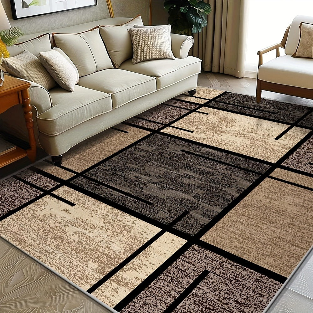 Machine Washable Area Rug Geometric Beige Brown Velvet 850 GSM Fade-Resistant Polyester Carpet for Living Room Bedroom Dining Room Office Non-Slip Rectangle Floor Rug
