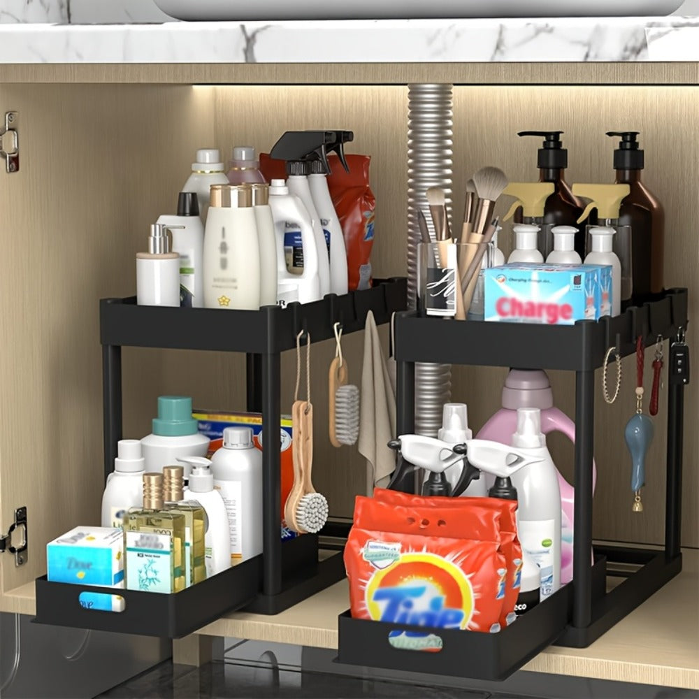 Under Sink Organizer 2pcs Double Tier Sliding Storage Basket with 8 Hooks ¨C Kitchen Bathroom Cabinet Rack Shelf