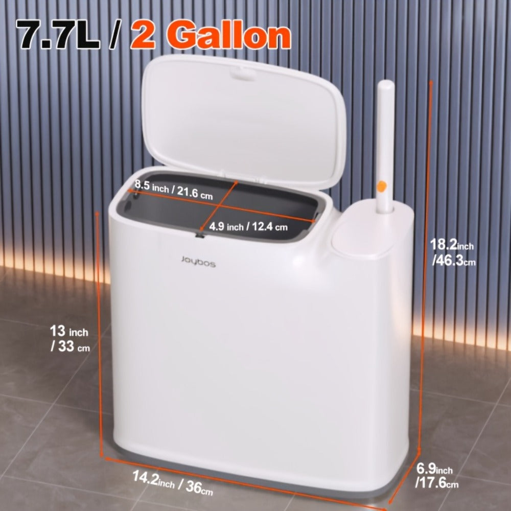 Toilet Brush and Trash Can 2-in-1 Set - Disposable Brush Heads Slim 7.7L Bathroom Waste Bin with Push Lid Hygienic No-Touch Cleaning System Space Saving ABS Plastic | White | RV Apartment Small Bathroom