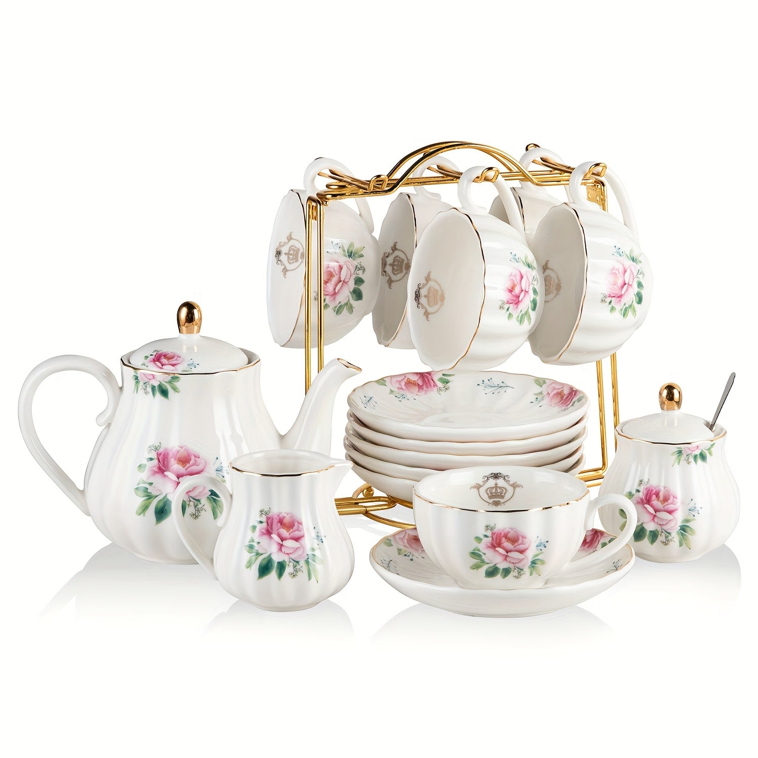 Porcelain Tea Set Service for 6 British Royal Floral Design with Teapot Sugar Bowl Cream Pitcher Teaspoons Tea Strainer 8oz Cups Saucers for High Tea Wedding Party Gift