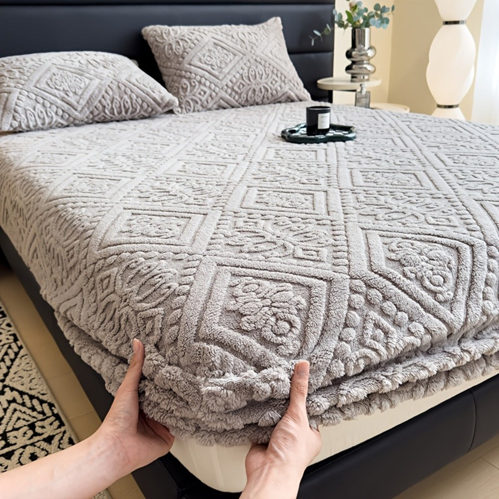 Embossed Fitted Bed Sheet Super Soft Jacquard Mattress Cover Deep Pocket All Season Twin Full Queen King Washable Bedding White Gray Khaki Blue Green