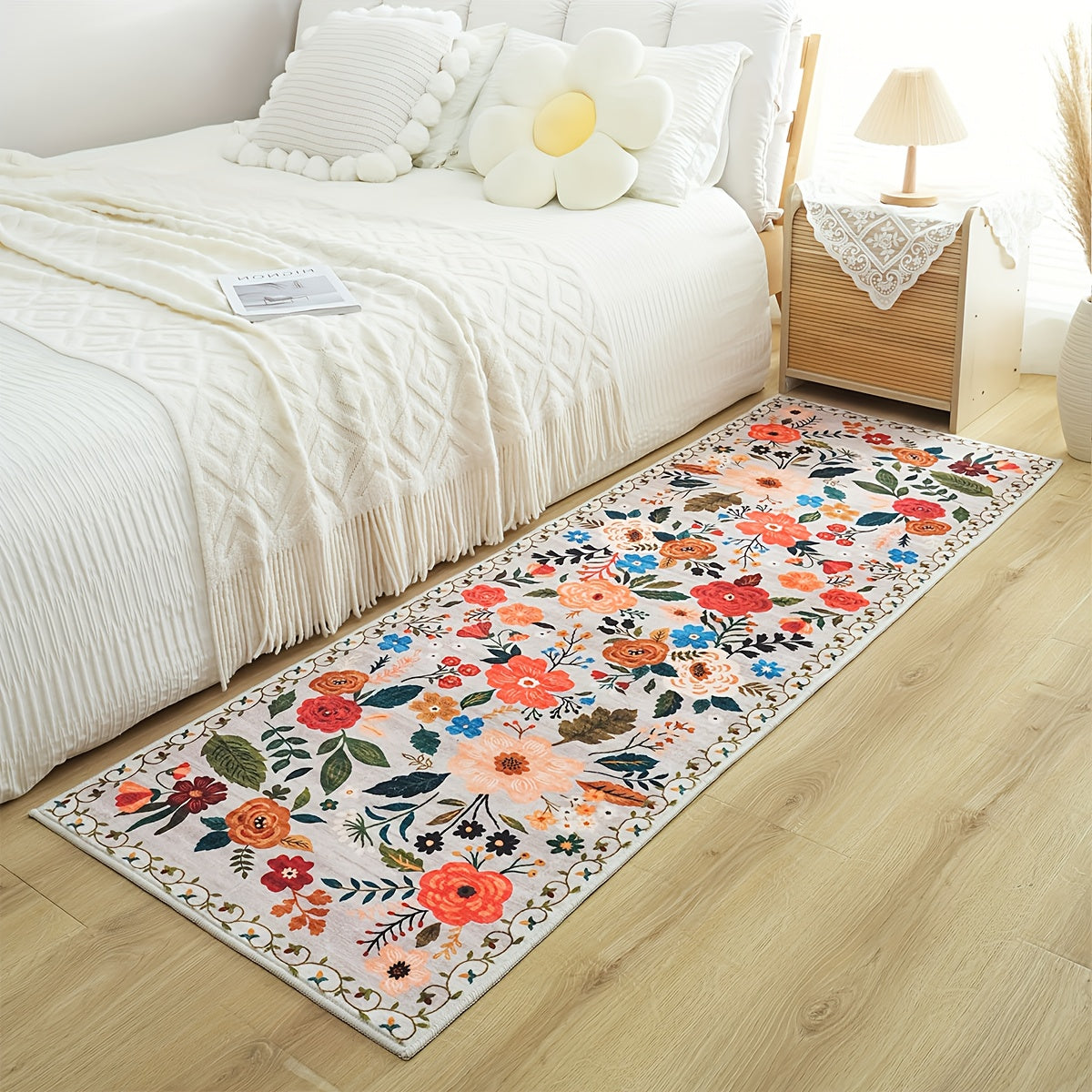 Bohemian Floral Plush Rug Non-Slip Machine Washable ¨C Soft Floral Runner Mat for Bedroom, Kitchen, Bathroom, Entryway & Living Room ¨C Easy Clean Indoor Home Decor Mat, 4 Sizes