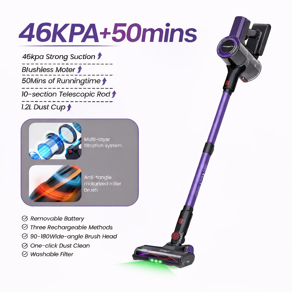 Cordless Vacuum Cleaner 46KPA Powerful Suction Lightweight Detachable Battery Anti-Tangle V-Shaped Brush 6-Stage Filtration 1.8L Dust Cup for Hard Floor Carpet Pet Hair Home