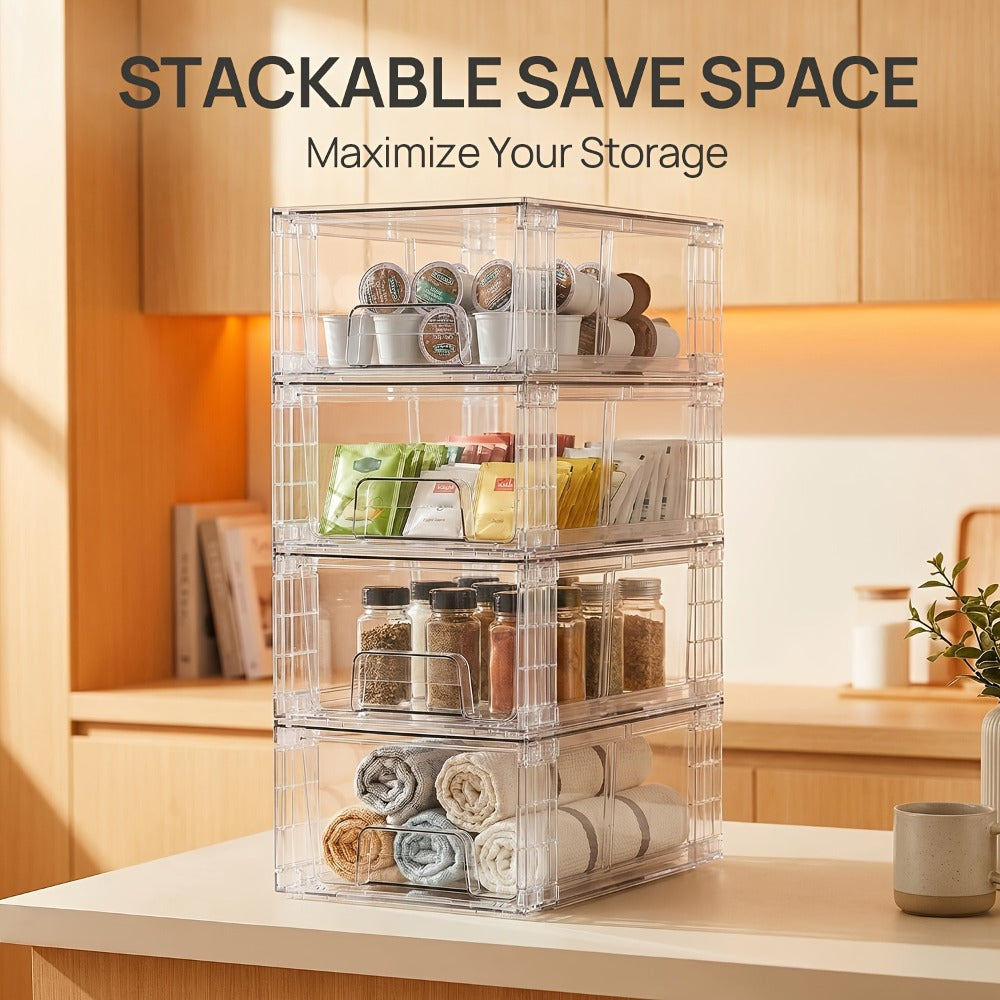 Clear Acrylic Storage Drawers with Handles - Stackable Refrigerator and Pantry Organizer Bins for Snacks Fruits and Vegetables, Food Safe Pull-Out Drawer Bins for Fridge Kitchen Cabinet Under Sink and Bathroom, Available in 4, 6, 8 or 10 Pack