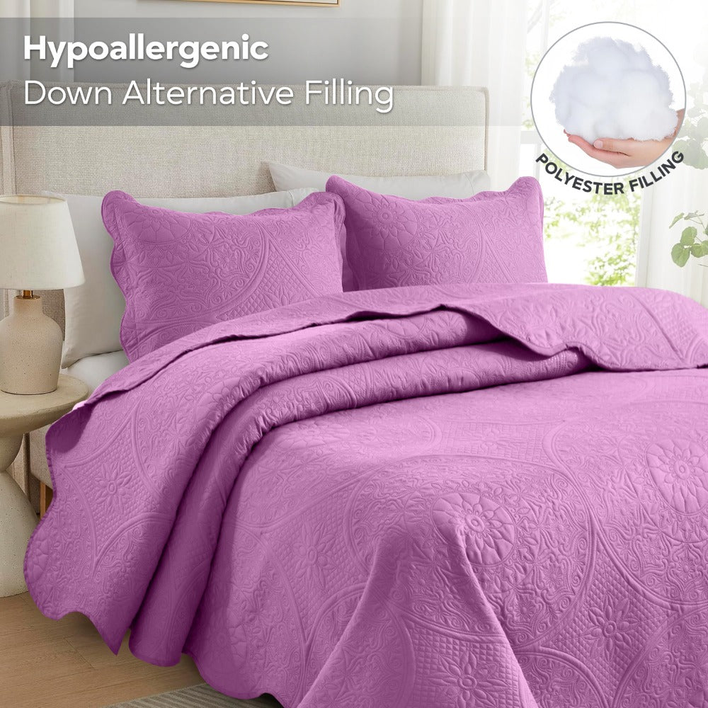 Quilted Bedspread Set 3 Piece ¨C Soft Floral Coverlet with Pillow Shams, Lightweight Breathable Quilt for Bedroom & Guest Room, All Season Bed Cover
