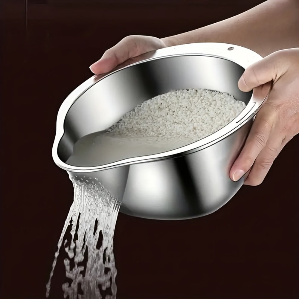 Stainless Steel Kitchen Colander with Handle - Multipurpose Rice Strainer Mesh Basket for Washing Rice, Fruit, Vegetables, Food-Safe Durable Water Drainer