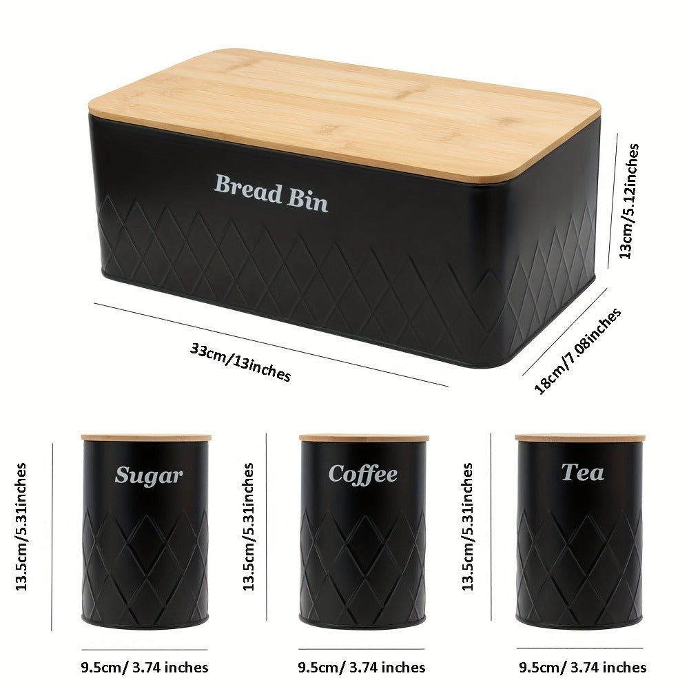 Bread Bin with 3-Piece Canister Set for Tea Sugar Coffee - Flip-Top Lid Kitchen Storage Containers Countertop Organizer Set