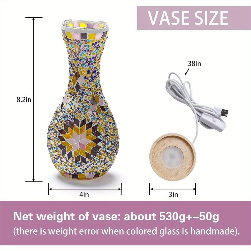 Mosaic Vase Lamp Turkish Moroccan Handmade Colorful Glass Table Lamp with Wooden Base ¨C USB Plug-In Boho Night Light, Flower Vase Lamp for Bedroom Living Room Decor, Bohemian Mosaic Desk Lamp Gift