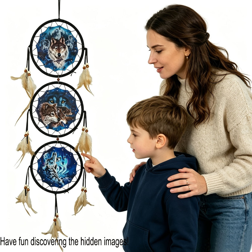 Dream Catcher Wall Decor Wolf Design Boho Bedroom Hanging Decoration ¨C 6 Inch 3-Circle Feather Dream Catcher for Boys Kids Room, Nursery, Halloween, Christmas & Holiday Gift