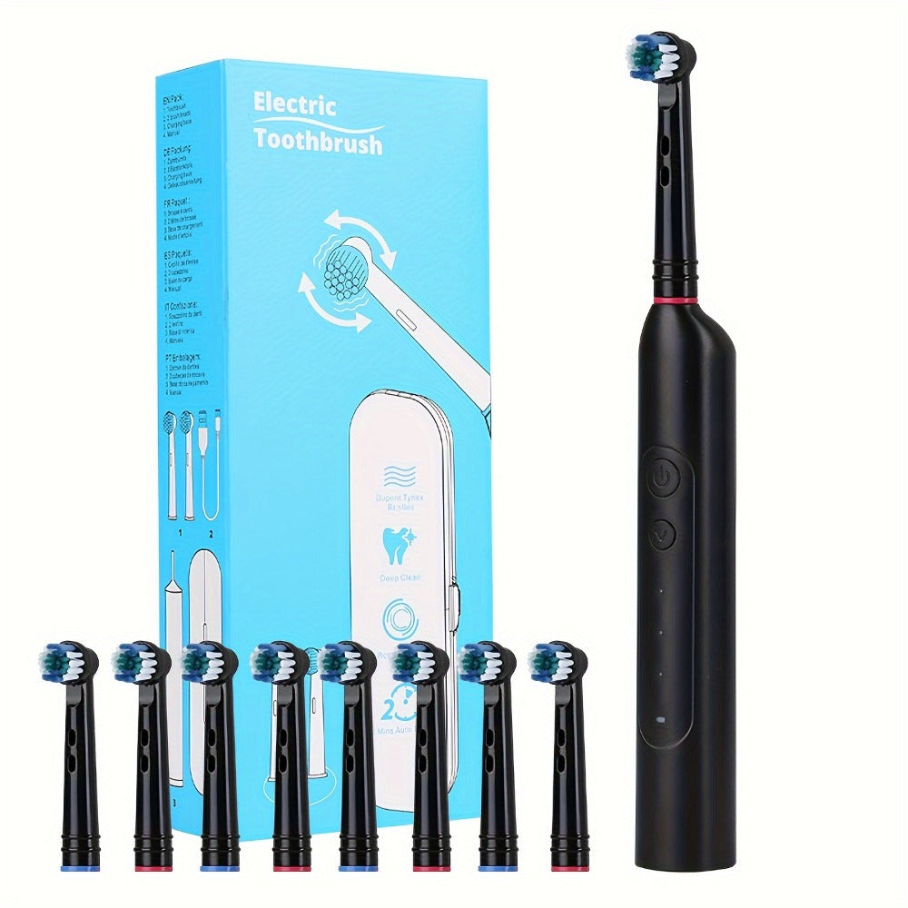 IPX7 Waterproof Electric Toothbrush with 8 Brush Heads & Travel Case ¨C 3 Rotating Cleaning Modes, USB Type-C Fast Charge, Shower-Safe Sonic Toothbrush for Adults, Black & White