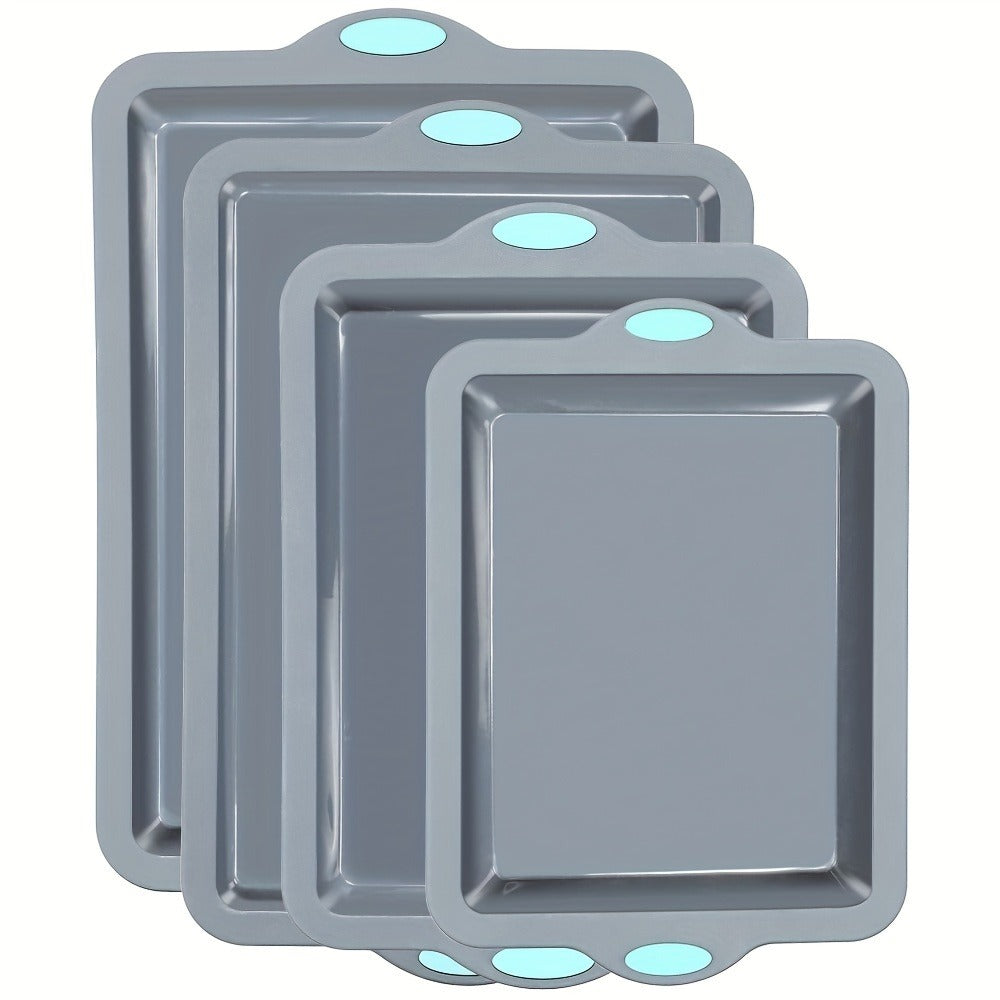 Silicone Baking Pans Set 4-Piece ¨C Nonstick Bakeware with Metal Reinforced Frame, Includes Baking Sheet, Cookie Sheet & Cake Pan with Grips, Oven Safe, Easy Release ¨C Navy Blue & Light Gray