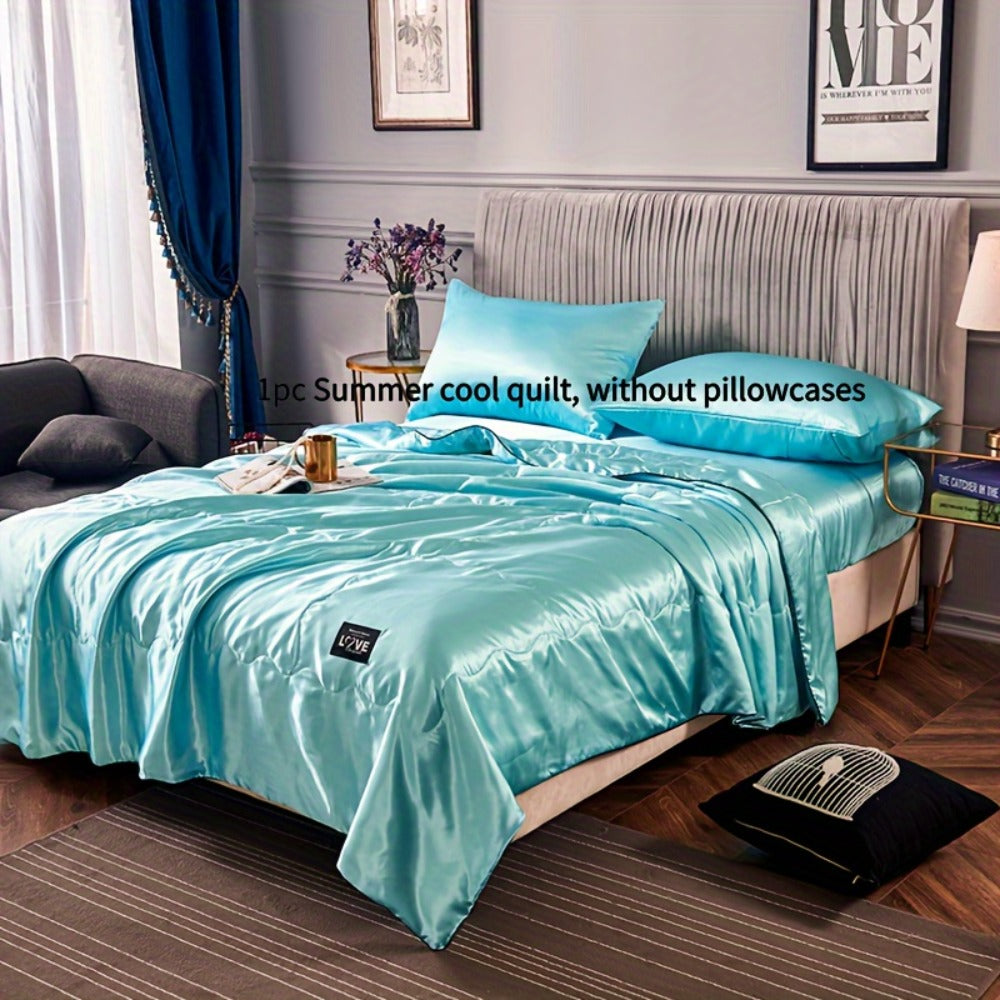 Cooling Satin Quilt Summer Comforter Ultra-Soft Breathable Lightweight Blanket, Machine Washable Satin Weave Bedspread for Home Dorm Hotel, Twin Full Size, White Silvery Grey Pink Lake Blue