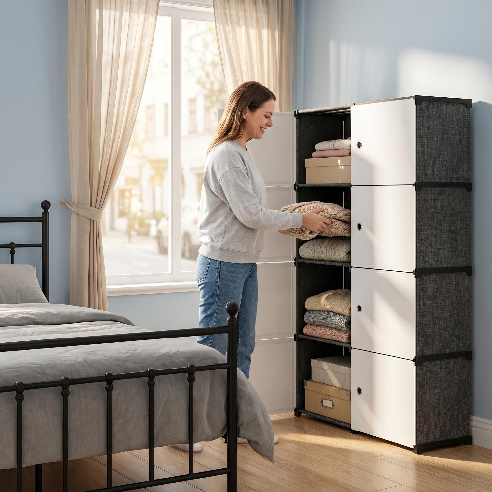 Modular Storage Cabinet with Magnetic Door, 3-Tier & 4-Tier Closet Organizer, Large Capacity Wardrobe Storage Unit, Dust-Proof Odor-Free Stackable Shelves, Easy Assembly for Bedroom Dorm Apartment Living Room