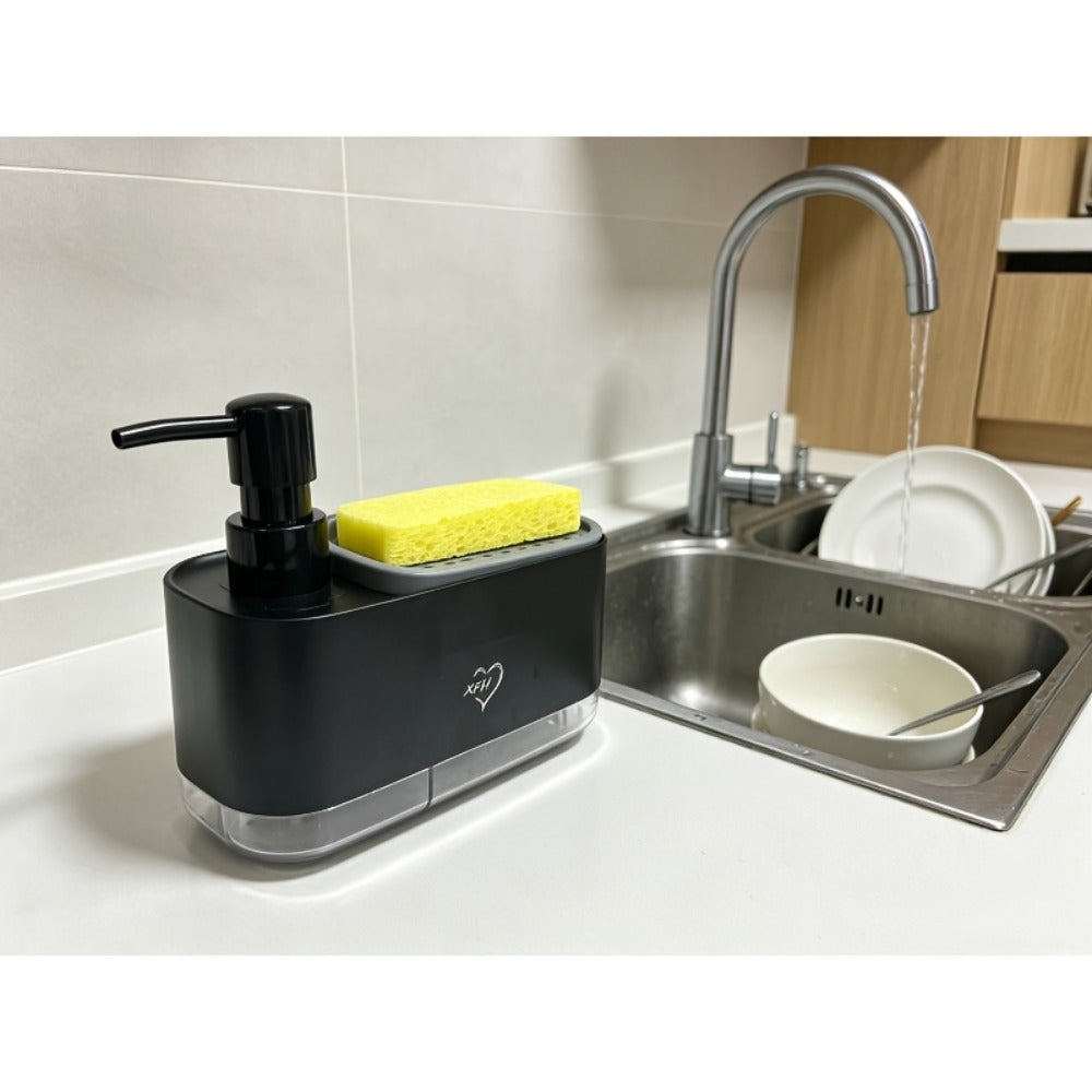 Soap Dispenser with Sponge Holder 2-in-1 - Countertop Dish Soap Pump Dispenser and Sponge Caddy for Kitchen Sink, Multi-Functional Detergent Dispenser with Built-In Sponge Holder, Available in White and Black Upgraded Version