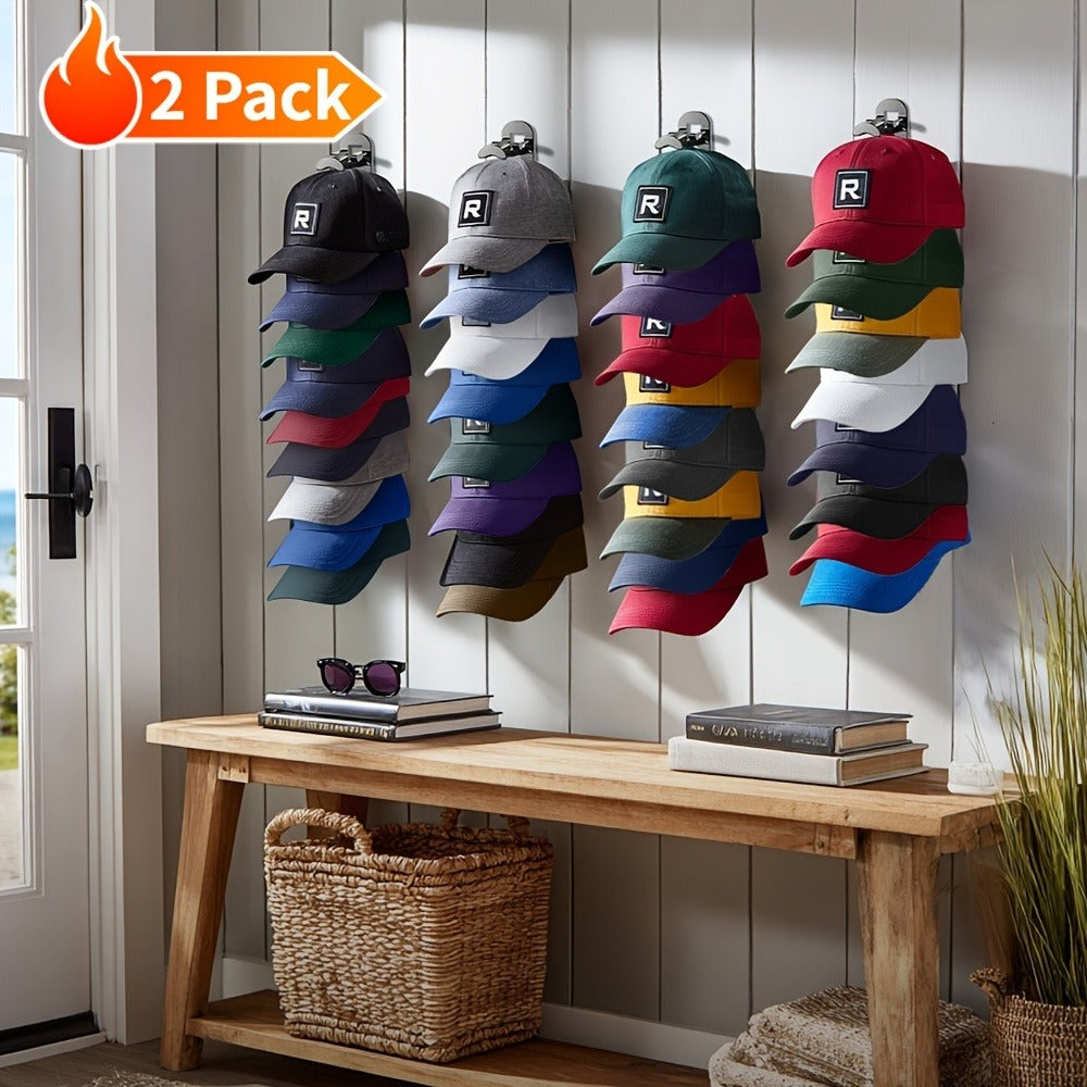 Wall Mounted Hat Rack for Baseball Caps ¨C Adhesive or Drill Mount, Holds 20 Hats, Multilayer Storage, 2pcs