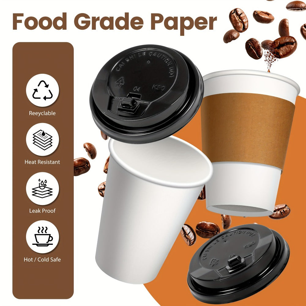 Disposable Paper Coffee Cups with Lids and Sleeves 12oz ¨C Leak-Proof To-Go Hot Coffee Cups with Insulated Sleeve for Home, Office, Party & Coffee Bar | 50 or 100 Pack