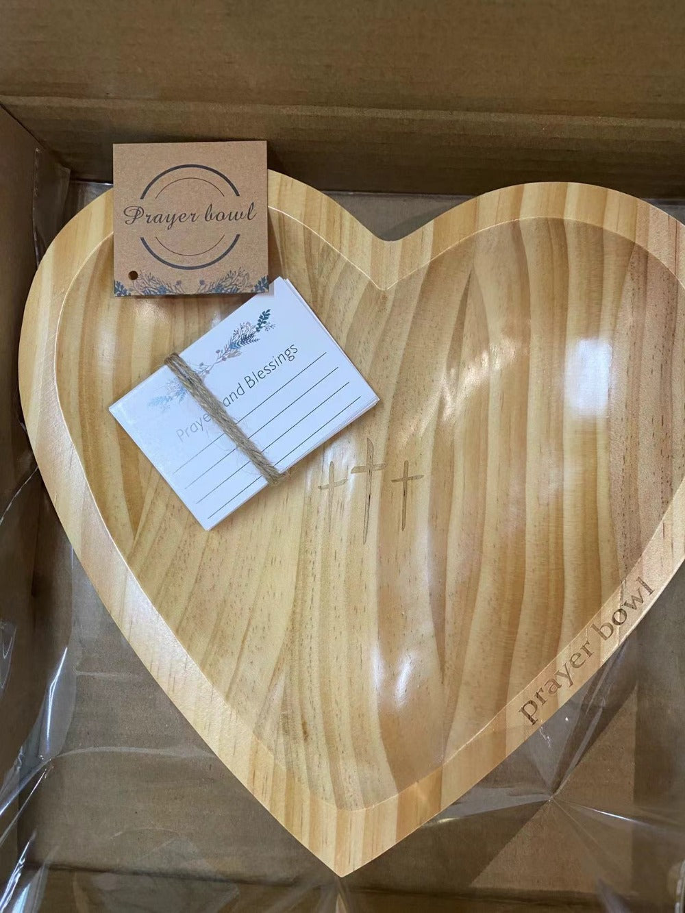Wooden Prayer Bowl with 24 Prayer Cards ¨C Hand-Carved Heart Shaped Cross Engraved Vintage Religious Gift Set for Easter, Christmas, Thanksgiving, Home Altar & Prayer Room Tabletop Decor