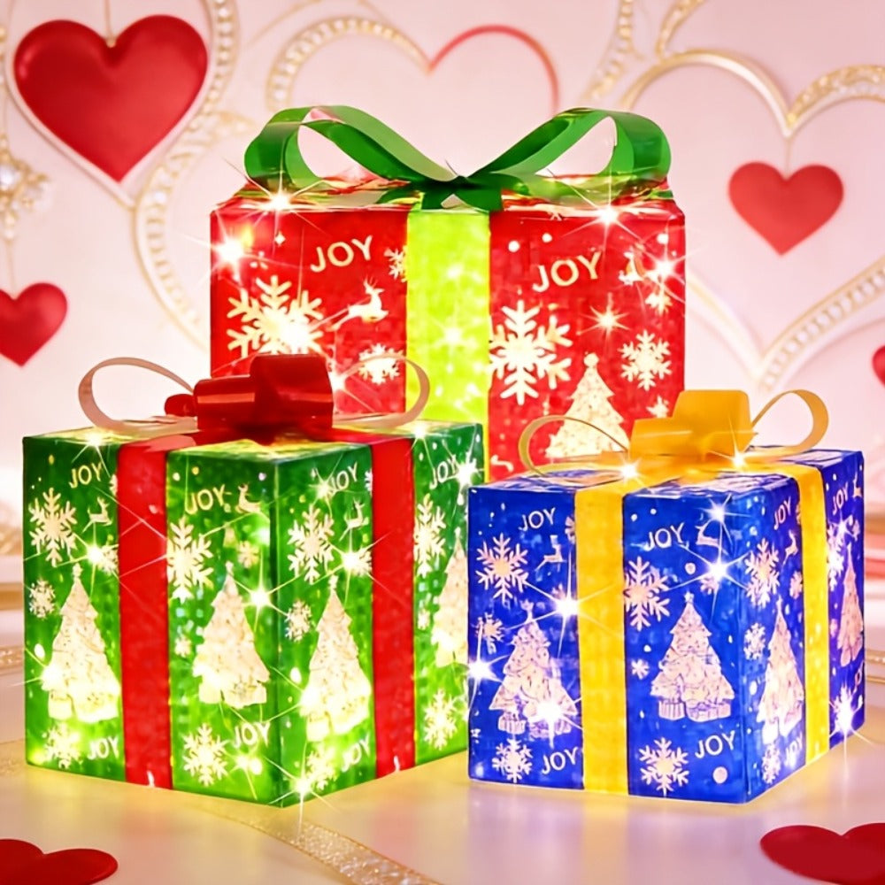 Christmas Gift Box Lamp 3pcs - Transparent Light Box with LED String Lights, Strap & Handle, Holiday Home Decoration, Birthday Party Decor, Manual Assembly