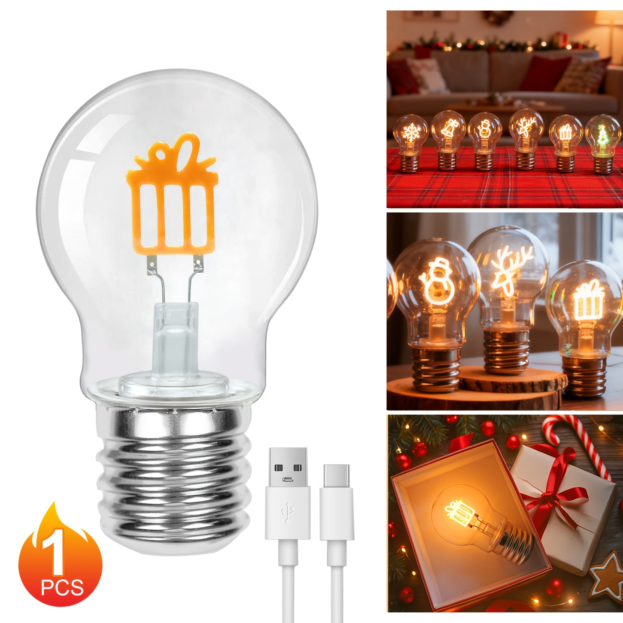 Christmas LED Decorative Bulb Type-C Rechargeable A19 Novelty Night Light ¨C Warm White Holiday Shape Bulbs for Indoor Table Window Decor, Bell Elk Snowman Snowflake Christmas Tree Gift Style
