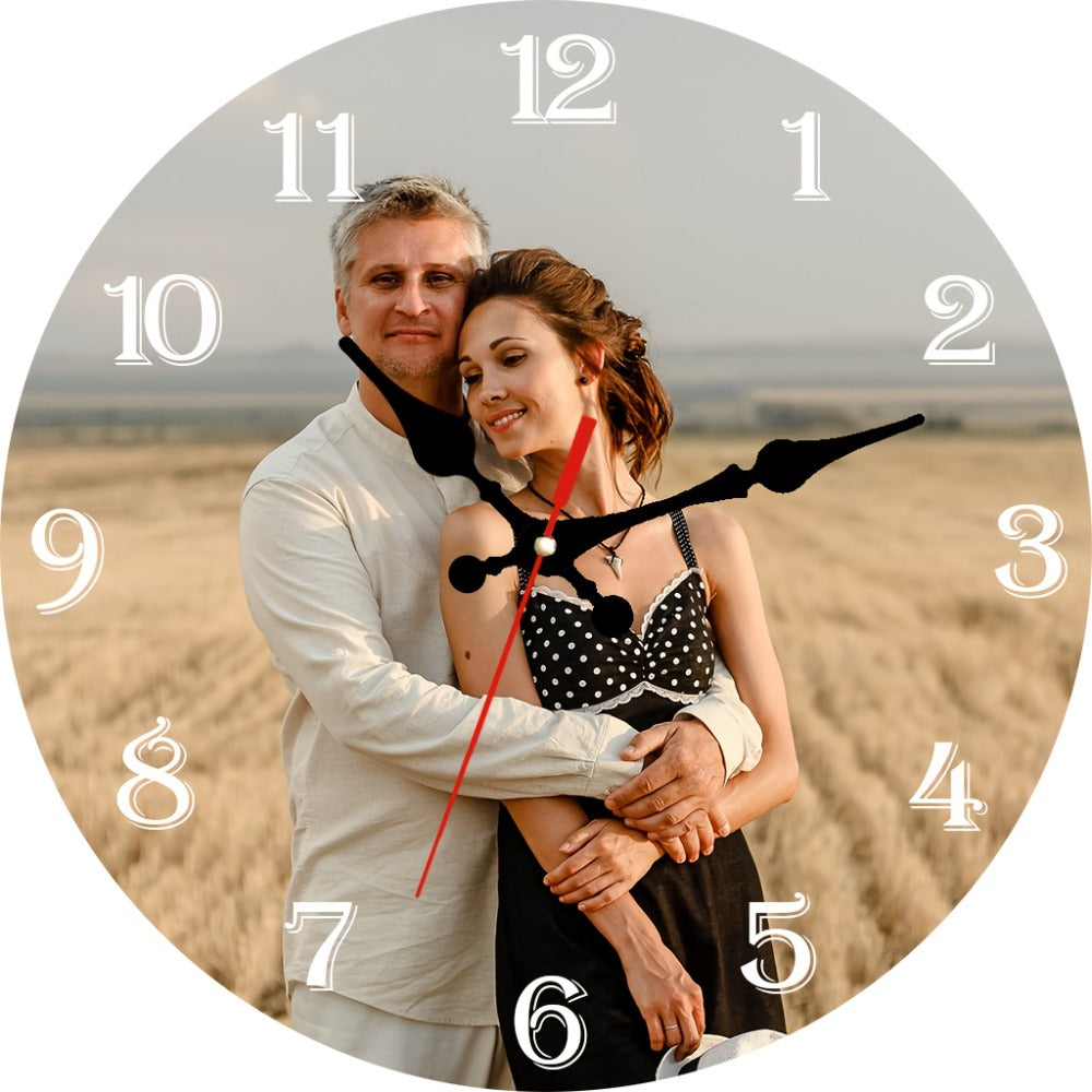 Personalized Custom Photo Wall Clock - Round Wood Silent Clock with Custom Text & Family Name, Self-Assembly, Battery Operated, Unique Mother's Day Gift for Parents, Home Room Decor, 10in 12in