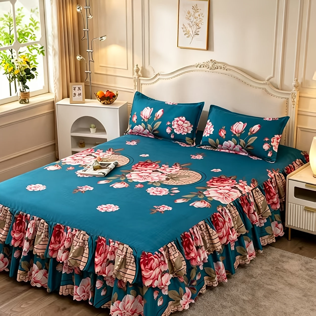 Floral Bed Skirt Set 3 Piece Tropical Print Ruffle Bed Skirt with 2 Pillowcases All-Season Polyester Machine Washable Bedroom Bedding Set Pink Purple Blue Peony Rose 150x200 180x200 200x220