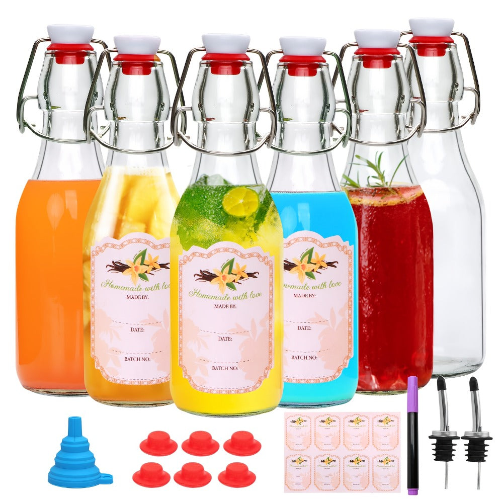 Glass Swing Top Bottles 8.45oz ¨C Round Iron Clasp Airtight Bottle Set with Funnel for Juice, Kombucha, Syrup & Oil Storage, Reusable Flip Cap Glass Bottles (6, 9, 12 or 18 Pack)