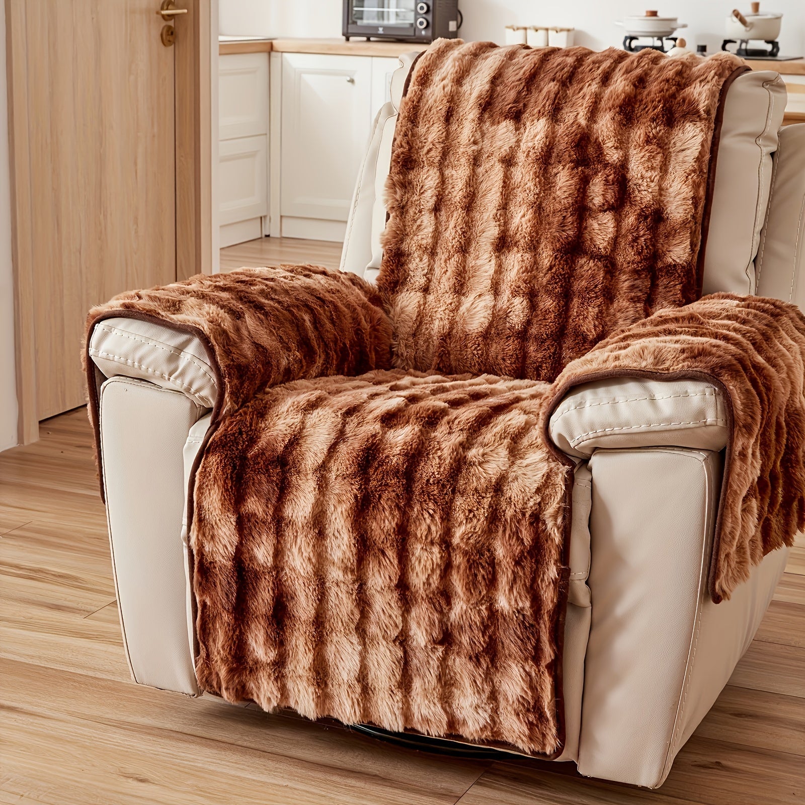 Faux Rabbit Fur Recliner Cover Thick Warm Glam Style Non-Slip Pet Friendly Machine Washable Plush Armchair Slipcover for Living Room Office - Coffee Gray White