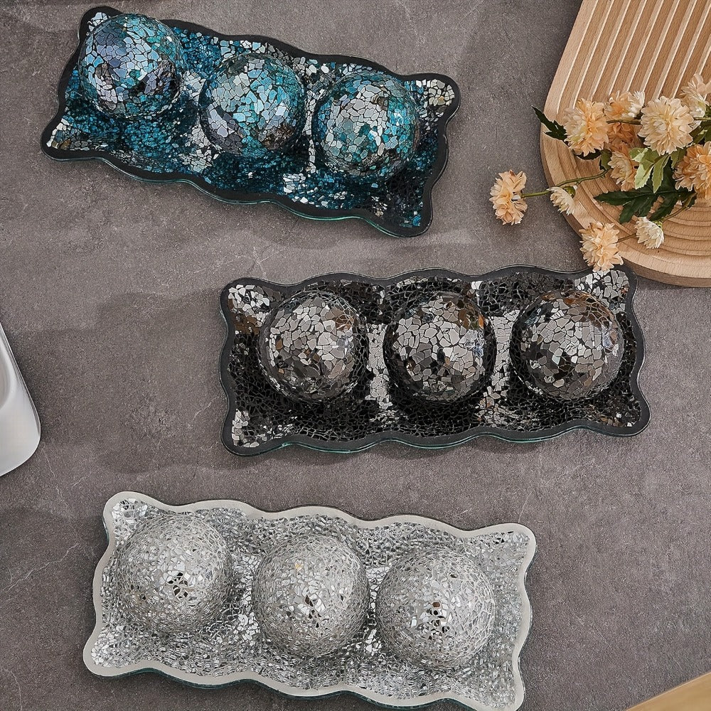Decorative Glass Balls for Bowls 3 Inch Set of 3 with Glass Tray, Bowl Fillers Centerpiece Table Decorations for Home Decor Living Room Dining Coffee Table, Silver Black Gold Green