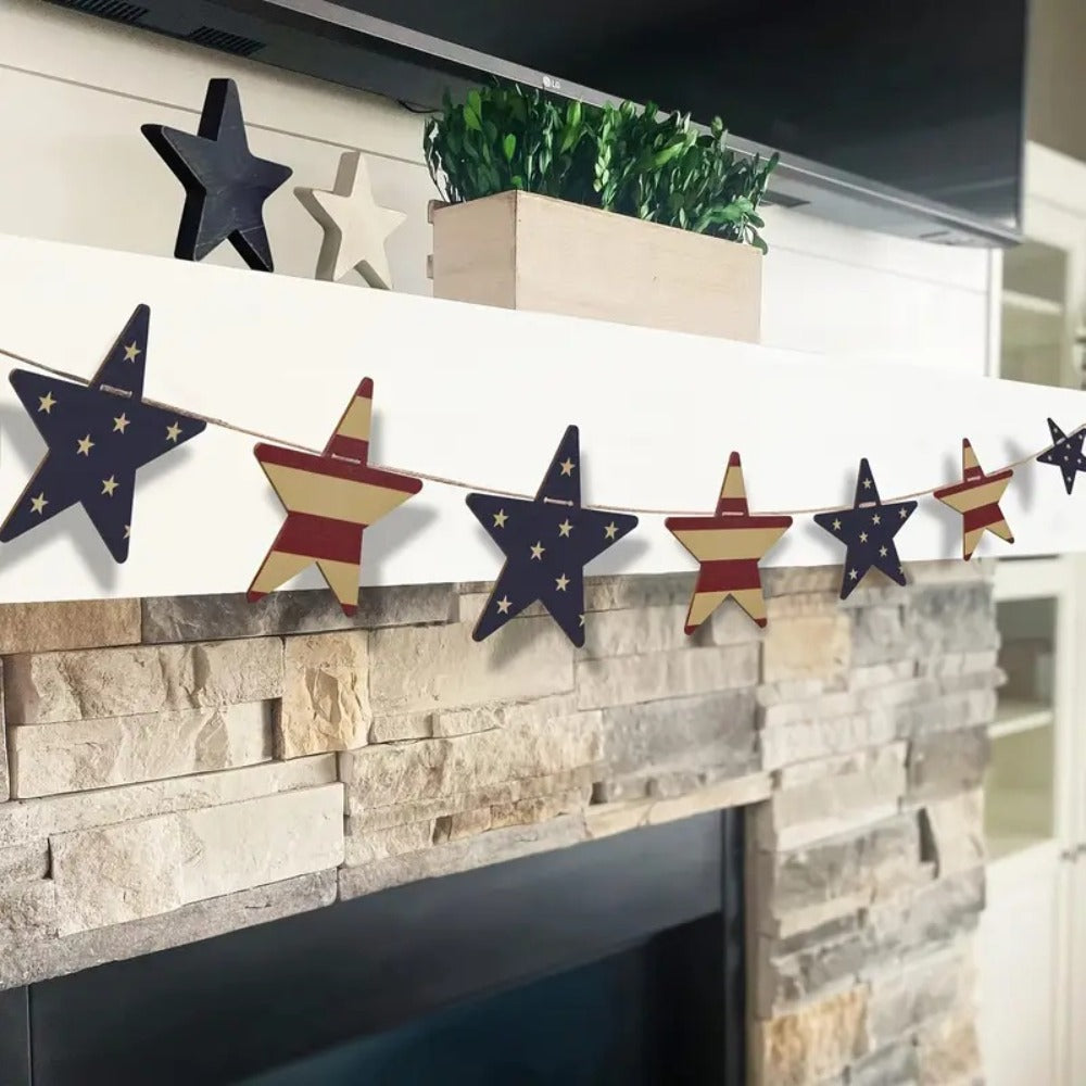 Patriotic Wooden Wreath 4th of July | Red White & Blue Rustic Stars & Flags Decor for Independence Day, Memorial Day & Labor Day - Vintage Wood Wall & Fireplace Mantle Decoration