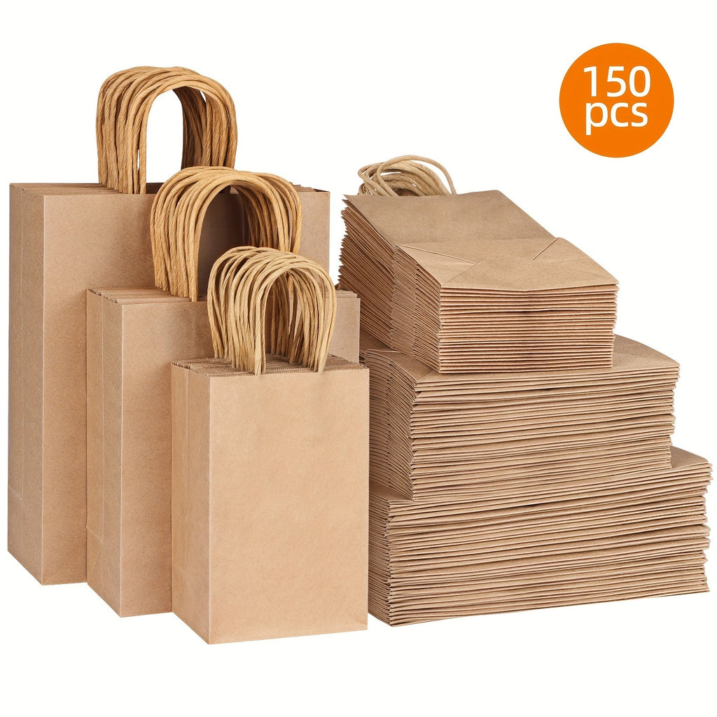 Brown Paper Bags with Handles 150pcs Mixed Size 110G Thickened Kraft Paper Gift Bags Bulk for Wedding Birthday Party Shopping Retail Business Goodie Bags Gift Wrapping Supplies